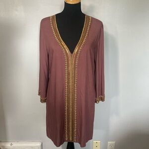 Mira Beaded Caftan Kaftan Dress Cover-Up Medium Plum Color Gold Beads Sequins XL
